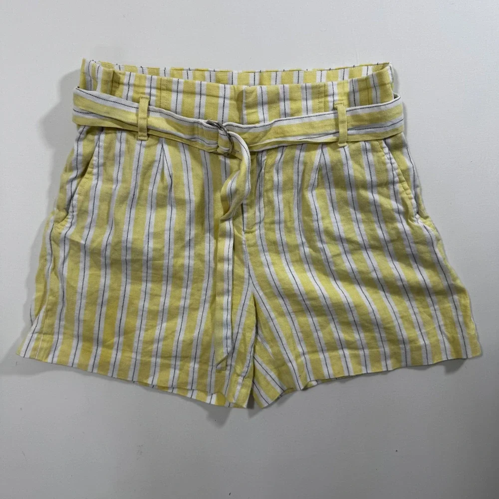 Banana Republic Linen Shorts Belted Striped Butter Yellow 6 Beach Coastal Preppy - Picture 2 of 10